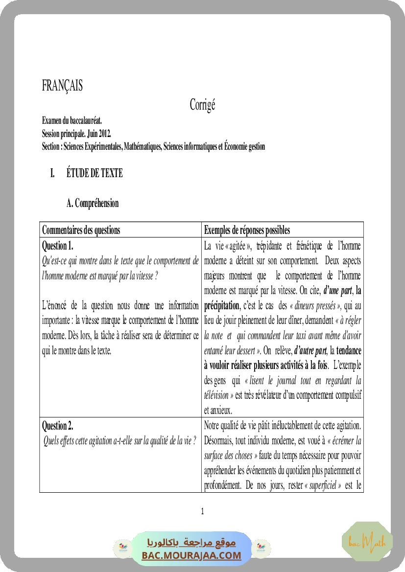 Corrigé principale francais Bac 2012 – Section math